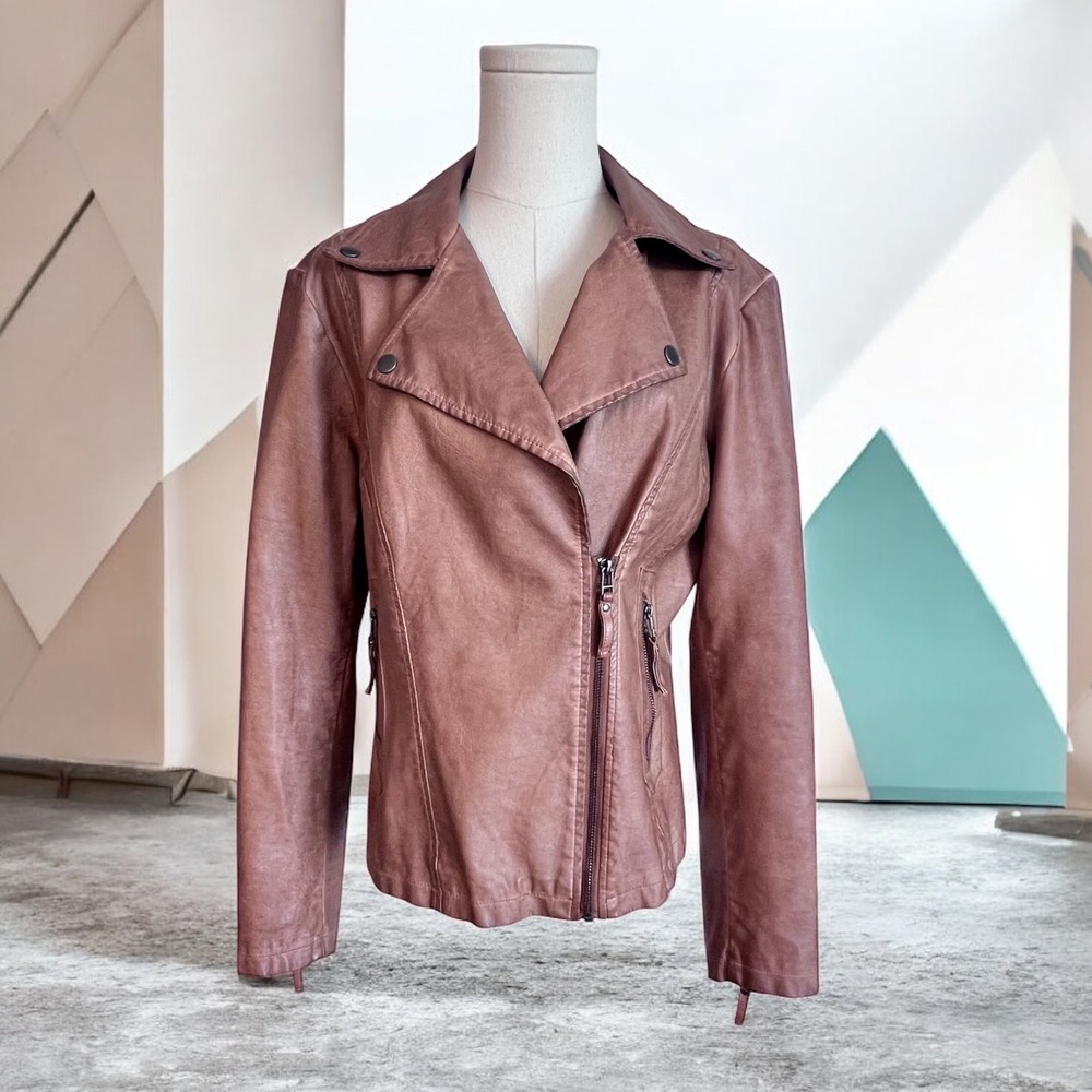 Max Studio Womens‎ Faux Leather Moto Jacket Cognac Brown Asymmetrical Zip Size L